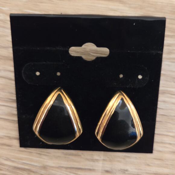 Vintage MONET Signed Black Enamel Gold Tone Pierced Earring - Picture 1 of 4